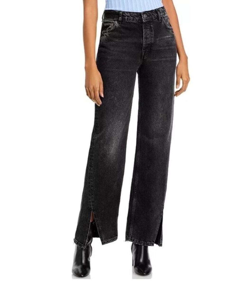Free People We The Free Black Slit Straight Leg Jeans Size 28 Boho Denim
